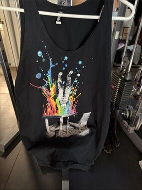 Black Art Print Tank with Multicolor Astronaut Splash – Modern Graphic Home Art